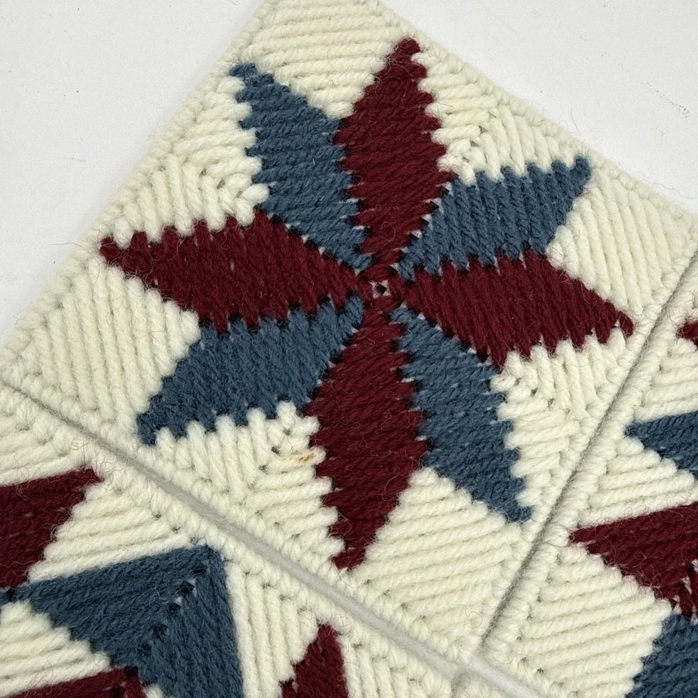 Vintage Handmade Set of 6 Needlepoint Yarn‎ Quilt Block Coasters with Holder 4x4